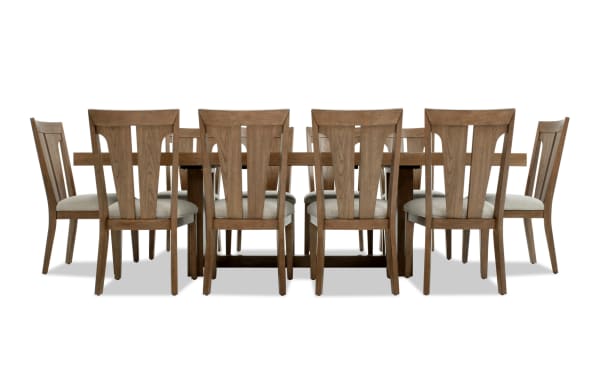 Melrose 11 Piece Natural & Beige Slat Back Extendable Dining Set with rectangular MDF and rubberwood table, beige polyester fabric chairs with memory foam, transitional style.