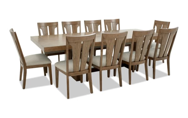 Melrose 11 Piece Natural & Beige Slat Back Extendable Dining Set with fabric-upholstered chairs, rubberwood and hickory veneer, transitional style, seats 10.