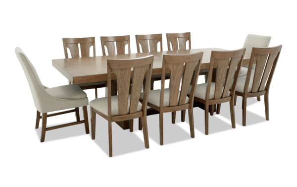 Melrose 11 Piece Natural & Beige Upholstered Extendable Dining Set with rectangular MDF, rubberwood, hickory veneer table and beige polyester fabric chairs.