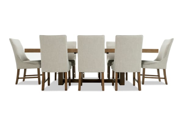 Melrose 9 Piece Natural & Beige Solid Back Extendable Dining Set with rectangular MDF, rubberwood, and hickory veneer table, beige polyester fabric chairs with Bob-O-Pedic® Memory Foam cushions, transitional style, seats up to 10, table extends from 80" to 104" with hidden leaf storage.