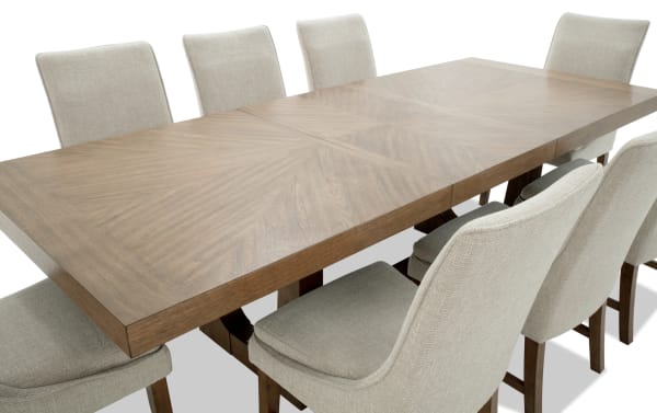 Melrose 9 Piece Natural & Beige Solid Back Extendable Dining Set with rectangular MDF and rubberwood table, beige polyester fabric chairs, transitional style, memory foam cushions, and hidden leaf extension for seating up to 10.