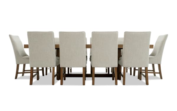 Melrose 11 Piece Natural & Beige Solid Back Extendable Dining Set with rectangular MDF, rubberwood, and hickory veneer table, beige polyester fabric chairs with memory foam cushions, transitional style.