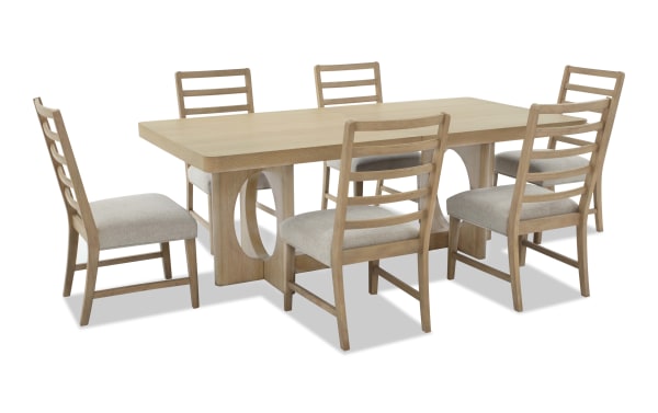 Malibu 7 Piece Natural & Gray Extendable Dining Set with solid acacia wood table and gray polyester fabric chairs featuring memory foam cushions, contemporary style.