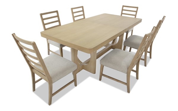 Malibu 7 Piece Natural & Gray Extendable Dining Set with solid acacia wood table and gray polyester fabric chairs. Contemporary style with memory foam cushions.