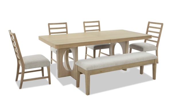 Malibu 6 Piece Natural & Gray Extendable Dining Set with solid acacia wood, gray polyester fabric upholstery, memory foam cushions, and storage bench.