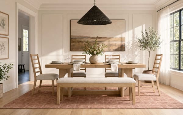 Dining room with a wooden table, cushioned bench, and ladder-back chairs on a patterned rust rug, featuring a large landscape painting and natural light.