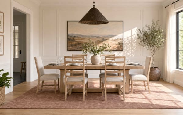 Dining room with a wooden table and six beige upholstered chairs on a patterned rust-colored rug, featuring a large landscape painting and natural light.