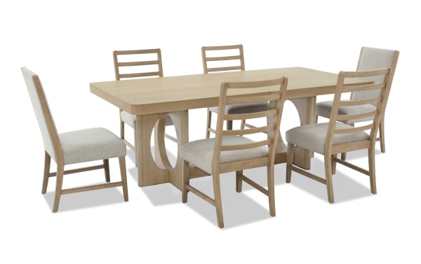 Malibu 7 Piece Natural & Gray Extendable Dining Set with solid acacia wood table and gray polyester fabric chairs featuring Bob-O-Pedic® Memory Foam cushions. Contemporary style with an 84'' to 102'' extendable table, perfect for spacious kitchen dining.