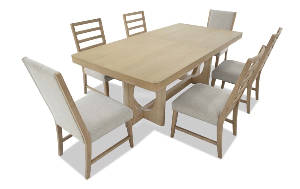Malibu 7 Piece Natural & Gray Extendable Dining Set with solid acacia wood table and gray polyester fabric chairs featuring Bob-O-Pedic® Memory Foam cushions, contemporary style, expandable table from 84" to 102".