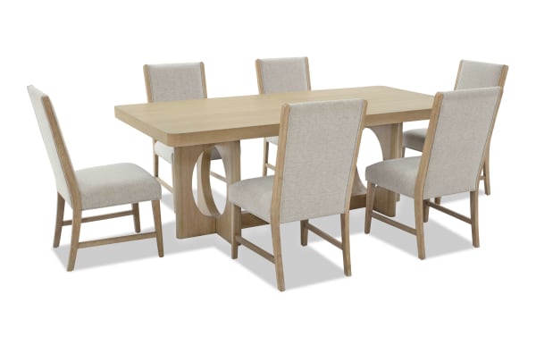 Malibu 7 Piece Natural & Gray Upholstered Extendable Dining Set with solid acacia wood, gray polyester fabric, and memory foam cushions in contemporary style.