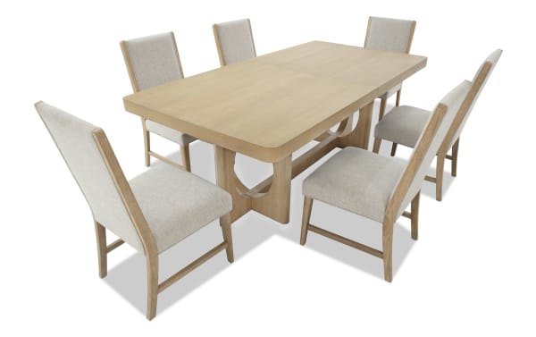 Malibu 7 Piece Natural & Gray Upholstered Extendable Dining Set with solid acacia wood table and gray polyester fabric chairs featuring memory foam cushions.