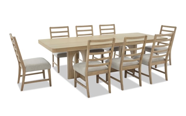 Malibu 9 Piece Natural & Gray Extendable Dining Set with solid acacia wood table, gray polyester fabric chairs, and memory foam cushions in contemporary style.