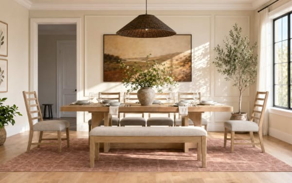 Dining room with a light wood table, cushioned chairs, and bench on a textured rust-colored rug, featuring a large vase centerpiece and natural light.