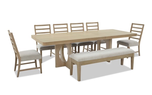 Malibu 8 Piece Natural & Gray Upholstered Extendable Dining Set with solid acacia wood, gray polyester fabric cushions, and memory foam seating.