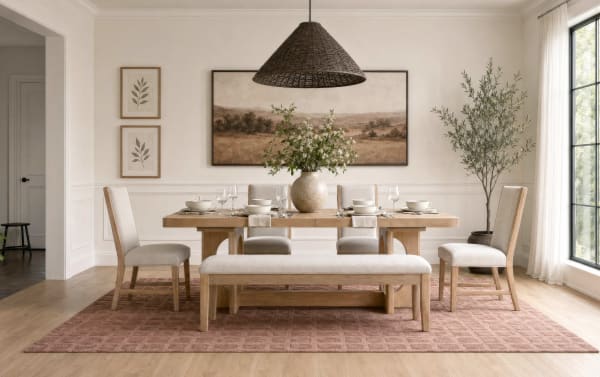Modern dining room setup with light wood table, beige upholstered chairs and bench, neutral decor, large window, and woven pendant light.