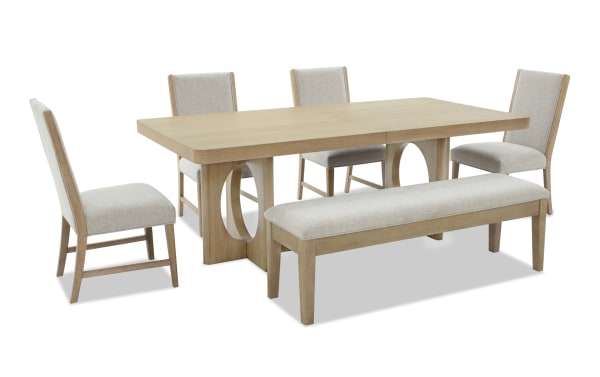 Malibu 6 Piece Natural & Gray Upholstered Extendable Dining Set with Storage Bench, solid acacia wood, gray polyester fabric, contemporary style, memory foam cushions, table extends 84" to 102".