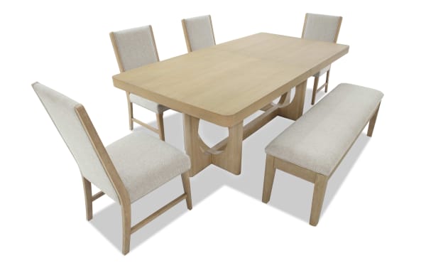 Malibu 6 Piece Natural & Gray Upholstered Extendable Dining Set with Storage Bench, solid acacia wood, gray polyester fabric, contemporary style, memory foam cushions, expandable table from 84" to 102" for versatile dining.