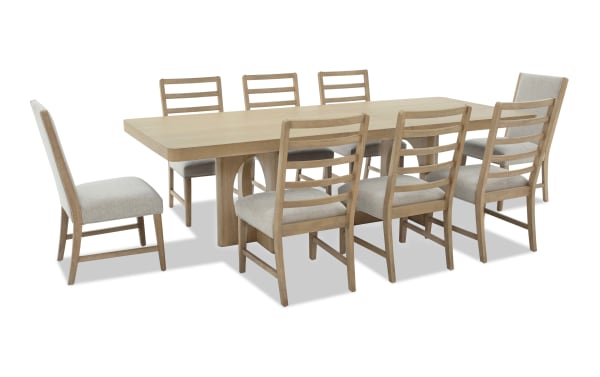 Malibu 9 Piece Natural & Gray Extendable Dining Set with solid acacia wood table and gray polyester fabric chairs featuring memory foam cushions, contemporary style.