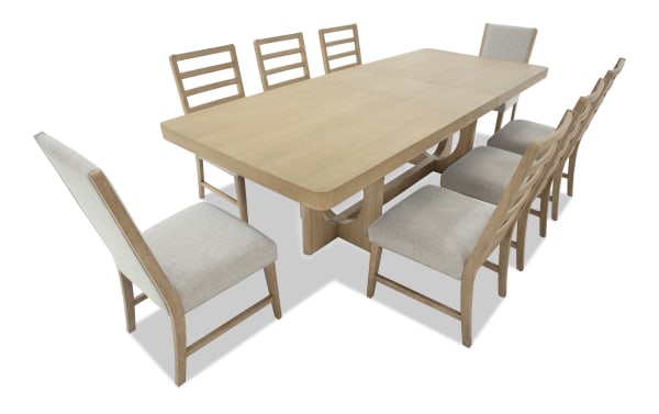 Malibu 9 Piece Natural & Gray Extendable Dining Set with solid acacia wood table and gray polyester fabric chairs. Contemporary style with memory foam cushions.