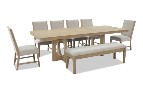 Malibu 8 Piece Natural & Gray Upholstered Extendable Dining Set with Storage Bench, solid acacia wood, gray polyester fabric, contemporary style, memory foam cushions, expandable table from 84" to 102" for large gatherings.