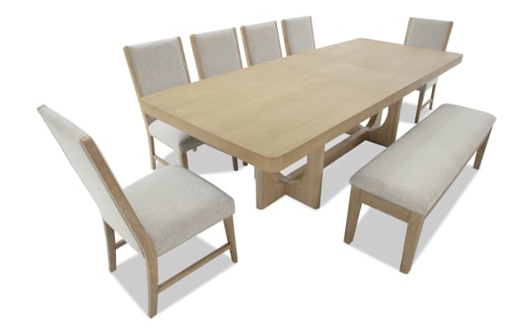 Malibu 8 Piece Natural & Gray Upholstered Extendable Dining Set with solid acacia wood, gray polyester fabric, memory foam cushions, and storage bench.