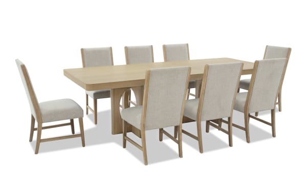 Malibu 9 Piece Natural & Gray Upholstered Extendable Dining Set with solid acacia wood, gray polyester fabric, and memory foam chairs in contemporary style.