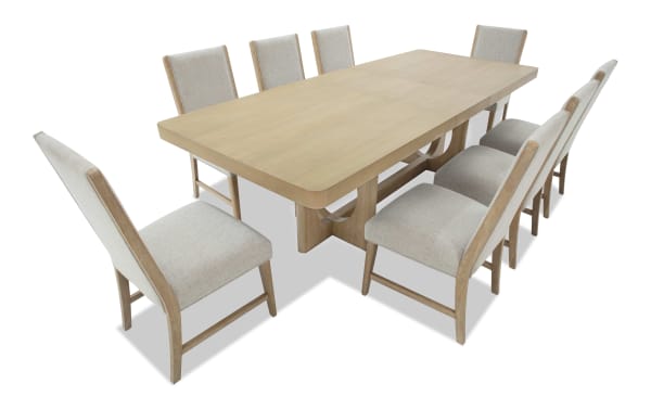 Malibu 9 Piece Natural & Gray Upholstered Extendable Dining Set with solid acacia wood, gray polyester fabric, and memory foam cushions in contemporary style.