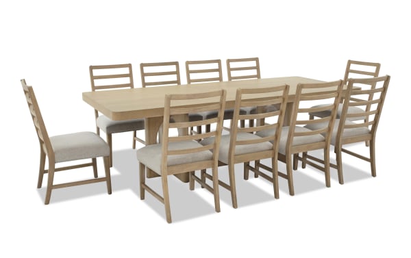 Malibu 11 Piece Natural & Gray Extendable Dining Set with solid acacia wood table and gray polyester fabric chairs featuring memory foam cushions, contemporary style.