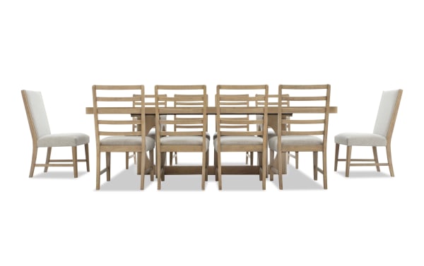 Dining set with a large rectangular wooden table and ten beige upholstered chairs featuring wooden ladder-back frames, ideal for spacious dining rooms.