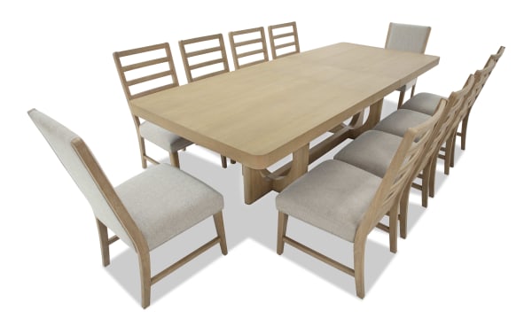 Malibu 11 Piece Natural & Gray Extendable Dining Set with solid acacia wood table, gray polyester fabric chairs, and Bob-O-Pedic® Memory Foam cushions.