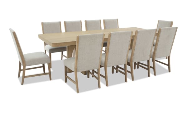 Malibu 11 Piece Natural & Gray Upholstered Extendable Dining Set with solid acacia wood, gray polyester fabric, memory foam cushions, contemporary style.