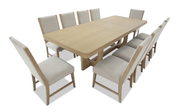 Malibu 11 Piece Natural & Gray Upholstered Extendable Dining Set with solid acacia wood table and gray polyester fabric chairs featuring memory foam cushions, contemporary style.