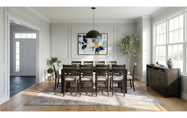 Aurora 11 Piece Brown & Black Upholstered Extendable Storage Counter Height Dining Set with gray polyester fabric seats, MDF and rubberwood solids, transitional style, featuring an 86"-102" extendable table with dual lift-top storage compartments and matching cushioned stools with memory foam.