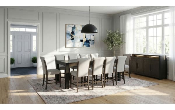 Aurora 11 Piece Brown & Black Solid Back Extendable Storage Counter Height Dining Set in gray polyester fabric, transitional style with MDF and rubberwood solids, featuring an extendable 86'' to 102'' table and lift-top storage compartments.