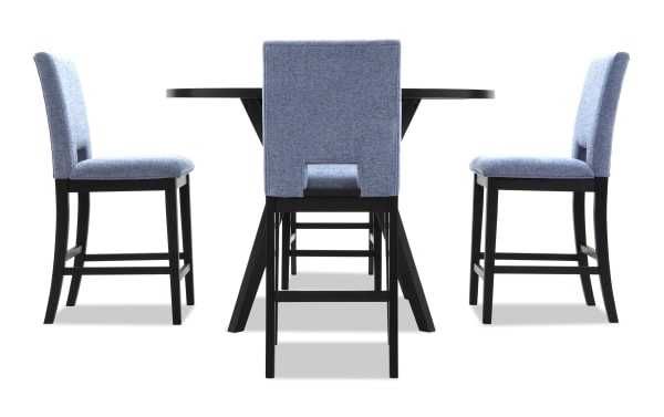 Dining set with a black wooden table and four blue upholstered chairs featuring cushioned seats and backs, modern design.