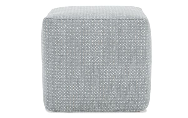 Contemporary Julia Gray Pouf in gray polyester fabric with a bold abstract pattern, soft yet durable square ottoman for versatile seating.