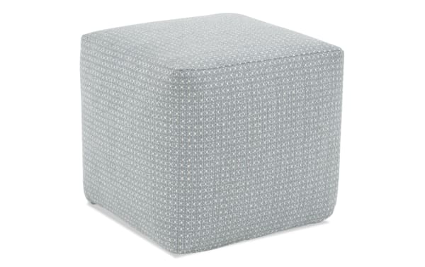 Contemporary Julia Gray Pouf in gray polyester fabric with a bold abstract pattern and soft, durable upholstery for versatile seating.