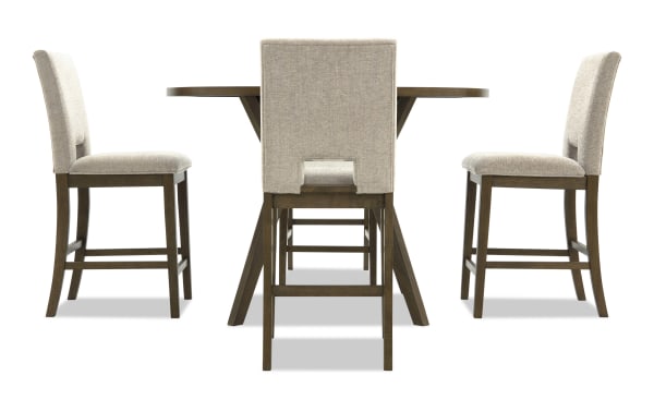 Dining set with three beige upholstered fabric chairs featuring wooden legs and a matching round wooden table, ideal for modern home decor.
