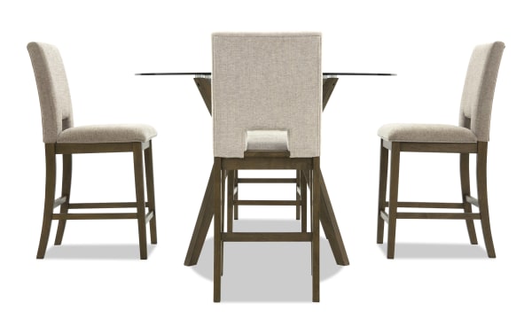 Dining set with four beige upholstered chairs featuring wooden legs and a round glass tabletop with wooden angled supports, ideal for modern interiors.