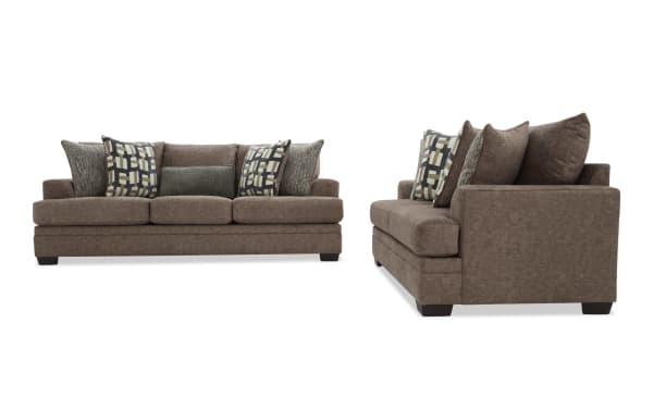 Brown fabric sofa with three seat cushions and five decorative pillows, featuring a modern design and dark wooden legs, shown from front and side views.