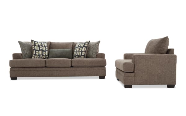 Brown fabric sofa with three seat cushions and five decorative pillows, featuring a modern design with clean lines and dark wooden legs, shown from front and side views.