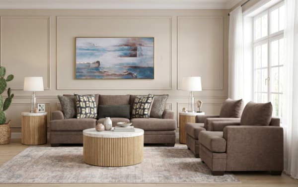 Savannah Cocoa 93'' transitional sofa and 2 chairs set in brown polyester fabric, featuring plush cushions, Bob-O-Pedic® memory foam, and cozy accent pillows for family comfort.