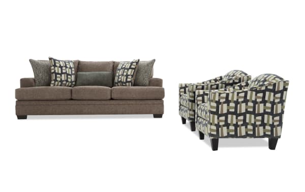 Brown fabric sofa with three seat cushions and five decorative pillows, paired with two patterned armchairs featuring geometric designs in neutral tones.