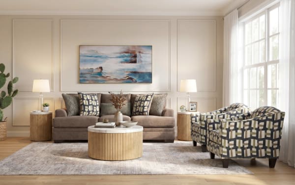 Savannah Cocoa 93'' transitional sofa and 2 accent chairs set in brown polyester fabric with Bob-O-Pedic® Memory Foam, cozy pillows, and wood-grain round tables.