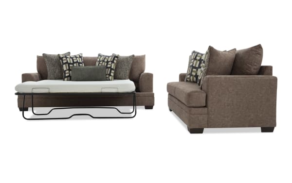 Brown fabric sofa bed with geometric and textured throw pillows, featuring a pull-out metal frame mattress for versatile seating and sleeping.