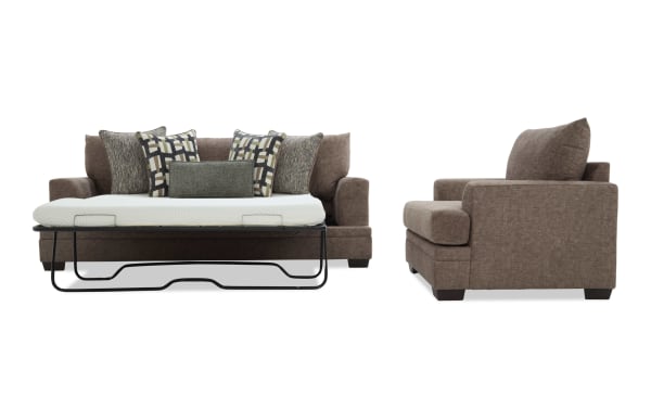 Savannah Cocoa 93" transitional sleeper sofa and chair set in brown polyester fabric, featuring Bob-O-Pedic® memory foam cushions and gel mattress for comfort.