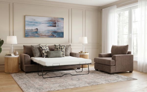 Savannah Cocoa 93'' transitional sleeper sofa with queen gel memory foam mattress, cocoa polyester fabric, matching chair, and accent pillows.