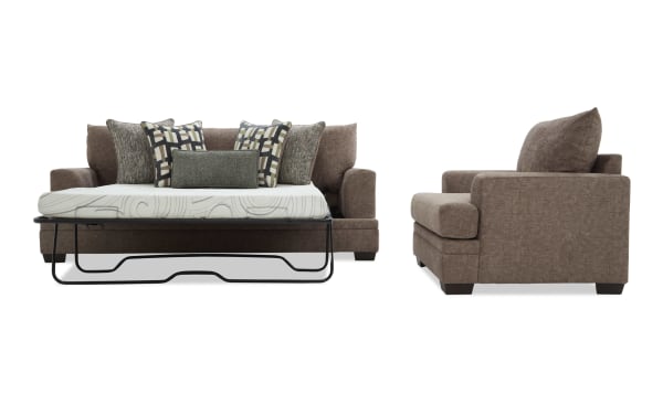 Brown fabric sofa bed with metal frame mattress support, decorative patterned pillows, and cushioned armrests shown from front and side angles.