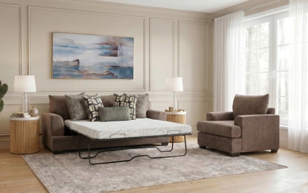 Savannah Cocoa 93'' transitional sleeper sofa and chair set in brown polyester fabric with Bob-O-Pedic® memory foam cushions and queen cooling gel mattress.