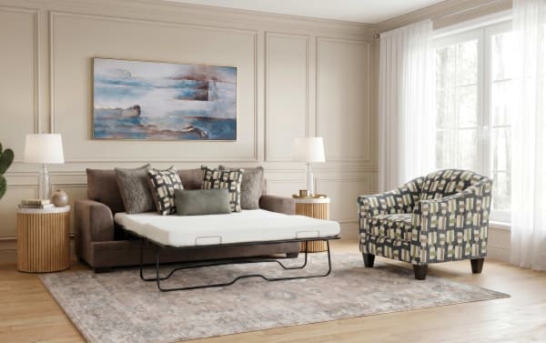 Savannah Cocoa 93'' transitional sleeper sofa with brown polyester fabric, Bob-O-Pedic® gel memory foam mattress, accent pillows, and matching patterned accent chair.